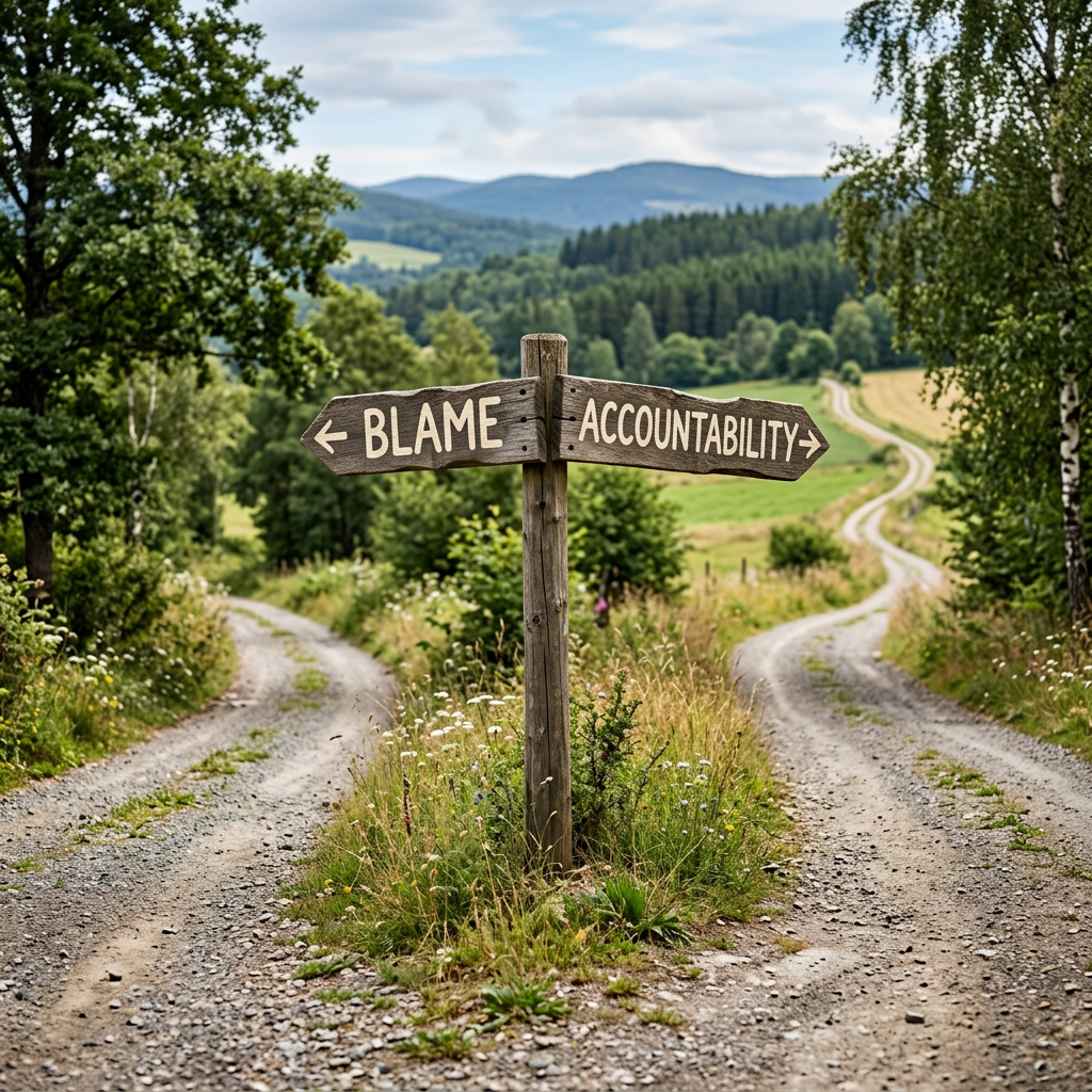 Wooden signpost at a fork in a rural path with arrows labeled 'BLAME' and 'ACCOUNTABILITY' pointing left and right